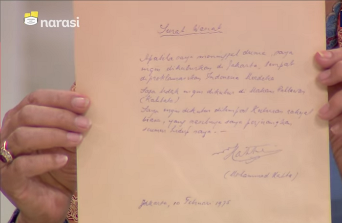 Surat wasiat Bung Hatta yang tidak ingin dimakamkan di Taman Makam Pahlawan Kalibata.