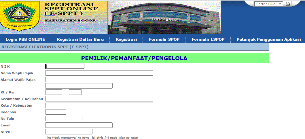Bappenda Kabupaten Bogor berinovasi menyediakan pelayanan pajak daerah secara online melalui website ini.