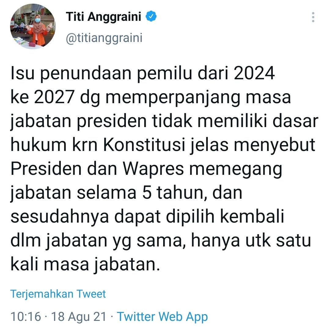 Tangkapan layar cuitan Titi Anggraini soal isu penundaan Pemilu 2024 ke 2027./