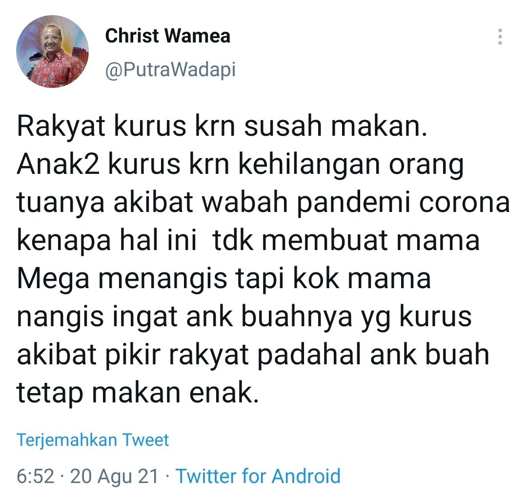 Tangkapan layar cuitan Christ Wamea soal pernyataan Megawati Soekarnoputri./