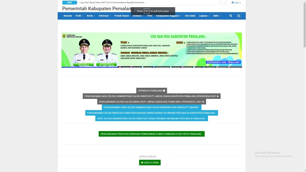Belum tayang atau muncul dilaman resmi website Pemkab Pemalang (https://www.pemalangkab.go.id/). terkait pengumuman hasil seleksi PT Aneka Usaha Kabupaten Pemalang (Perseroda) 
