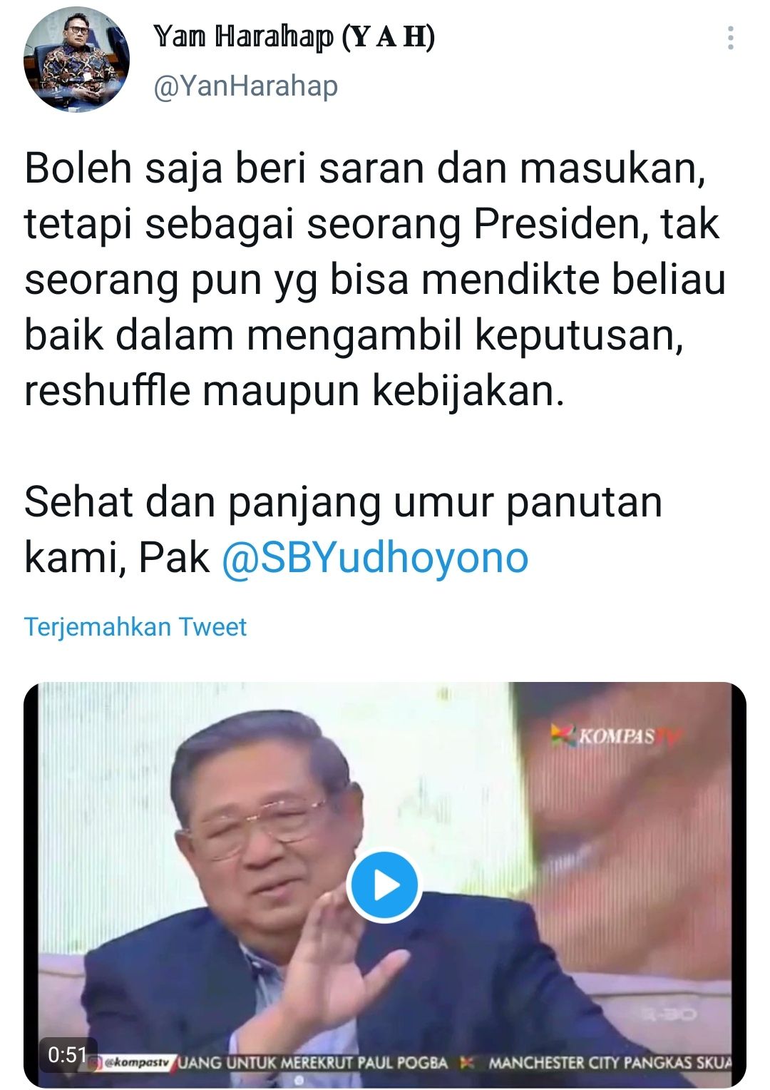 Tangkapan layar cuitan Yan Harahap yang unggah video lama SBY./
