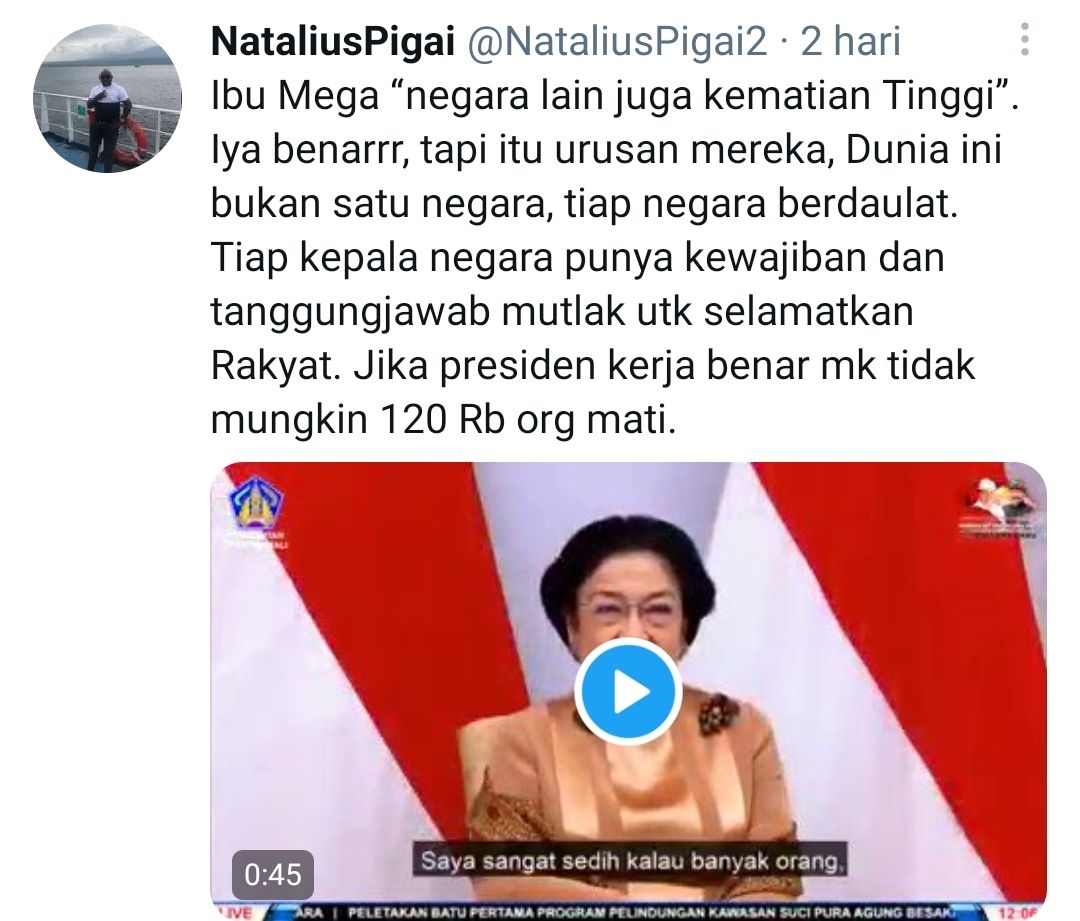Tangkapan layar cuitan Natalius Pigai soal pernyataan Megawati Soekarnoputri./