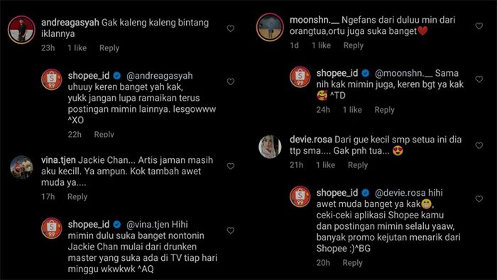 Komentar warganet di akun Instagram Shopee Indonesia atas kehadiran Jackie Chan