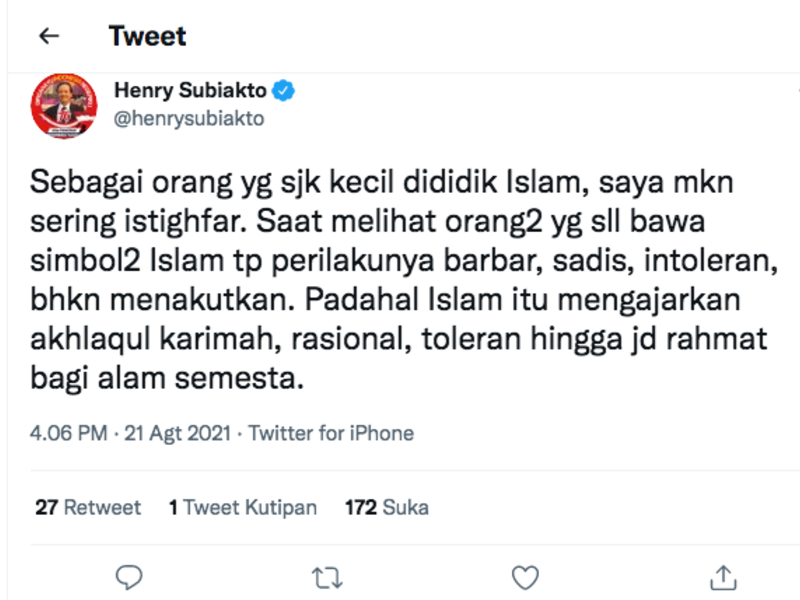 Hnery Subiakto menyoroti sikap taliban yang mengatasnamakan Islam tapi menakutkan.