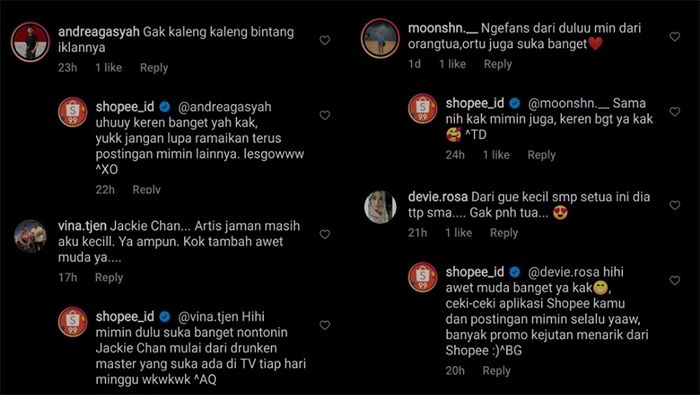 Komentar warganet terhadap iklan terbaru Shopee Indonesia yang menghadirkan Jackie Chan dan Joe Taslim.