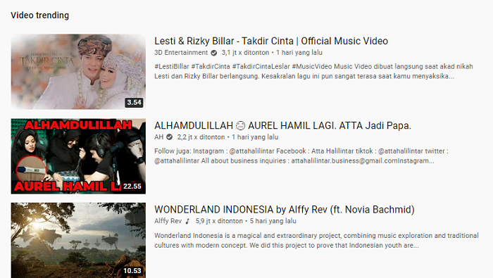 Lagu Takdir Cinta Lesti Kejora dan Rizky Billar trending nomor satu YouTube.