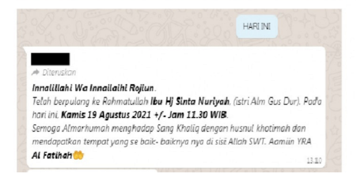 Tangkap layar informasi hoaks tentang istri Gus Dur, Sinta Nuriyah.