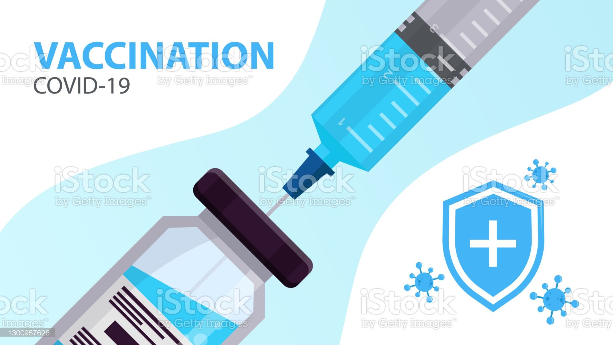 Coronavirus vaccination banner. Covid-19 prevention. Syringe with needle and vaccine bottle. Safety measure during coronavirus. Vector illustration.