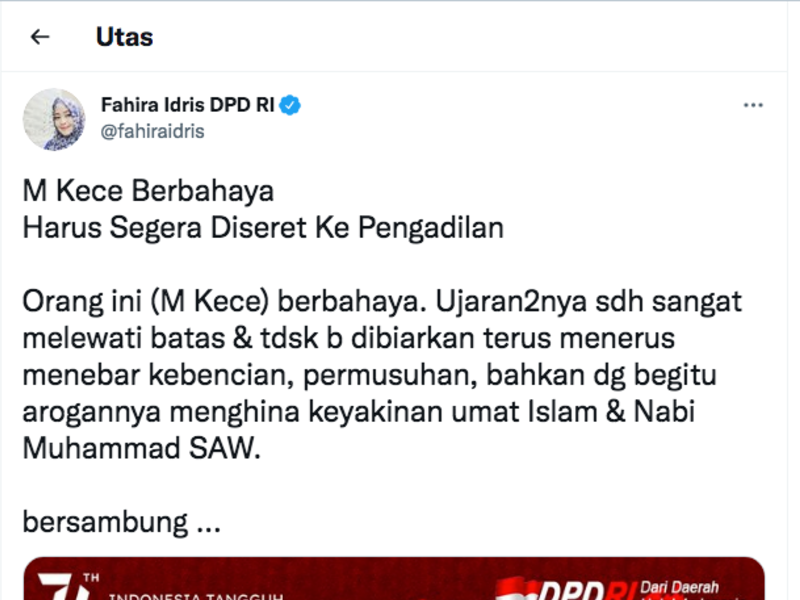 Anggota DPD RI, Fahira Idris meminta Muhammad Kece ditangkap dan diseret ke pengadilan.