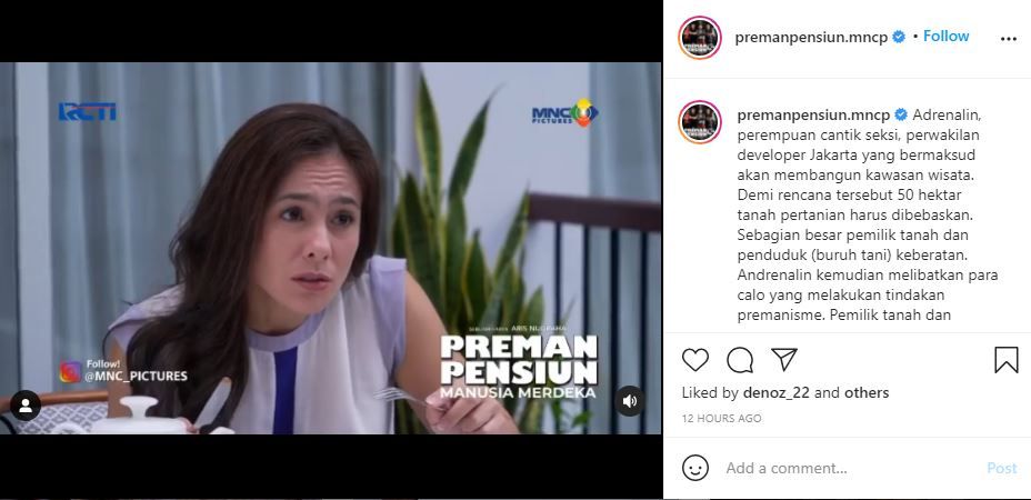 Tangkapan layar Wulan Guritno berperan sebagai Adrenalin, perwakilan developer dari Jakarta, dalam FTV Preman Pensiun Manusia Merdeka.