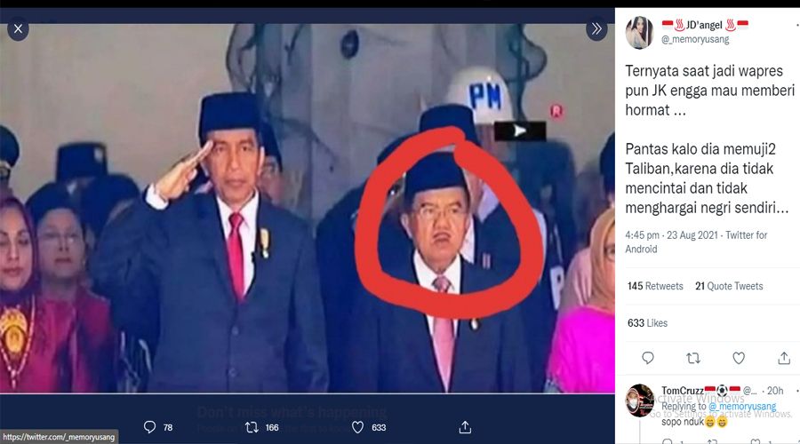 Muncul Foto Jusuf Kalla Diduga Tak Mau Hormat Kepada Bendera Indonesia, Netizen: Pantas Dia Memuji Taliban
