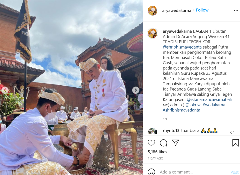 Anggota DPR asal Bali, I Gusti Ngurah Arya Wedakarna menjelaskan maksud dari aksi minum air cucian kaki yang dilakukan anaknya.