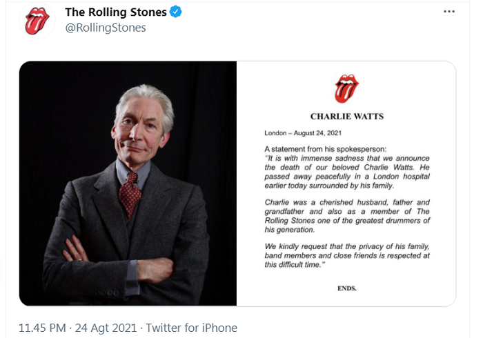 Kabar meninggalnya Charlie Watts disampaikan akun resmi The Rolling Stones.