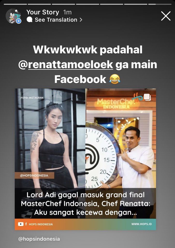Tangkapan layar Instagram Story Chef Arnold terkait statment Chef Renatta yang kecewa lord adi gagal masuk final MCI 8