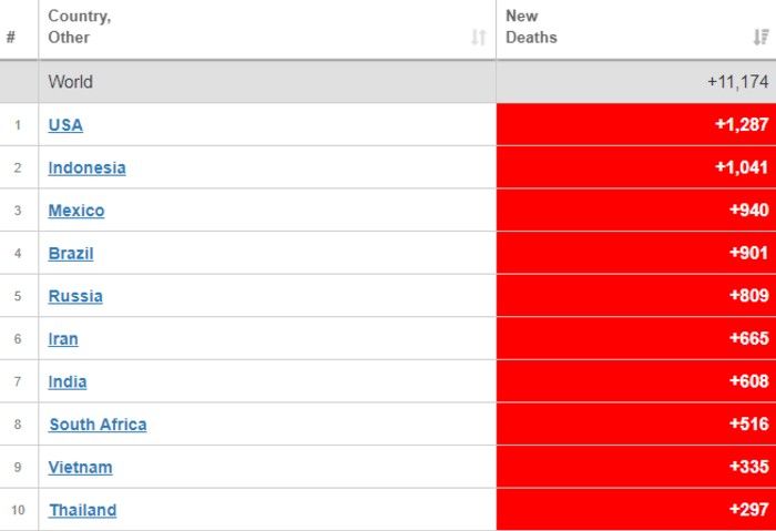 Daftar 10 negara dengan jumlah kasus meninggal terbanyak di Worldometer 25 Agustus 2021