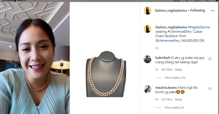 Unggahan Nagita Slavina saat kenakan kalung model rantai seharga Rp240 juta. 