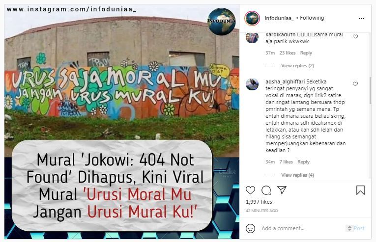 Mural 'Jokowi: 404 Not Found' Dihapus, Kini Muncul Lagi Mural Baru 'Urus Saja Moralmu, Jangan Urus Muralku'