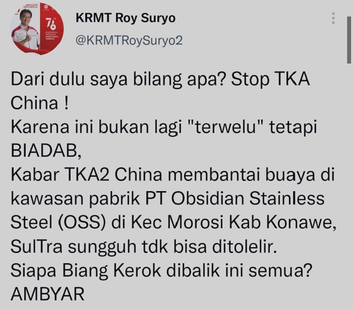 Pakar telematika Roy Suryo mengecam keras aksi biadab TKA China membantai dan melahap buaya muara di Kabupaten Konawe, Sulawesi Tenggara.
