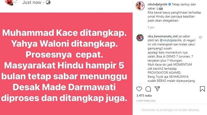 Postingan Instagram Niluh Djelantik yang mendesak agar Made Darmawati ditangkap juga