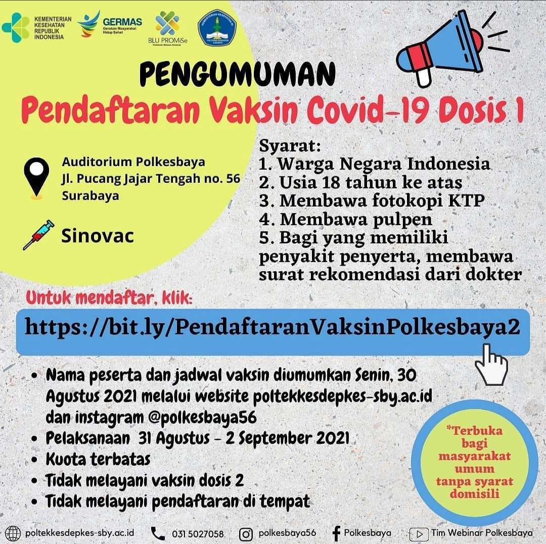 Info vaksin massal gratis dosis pertama Sinovac Surabaya tanpa syarat domisili atau KTP Surabaya 32 Agustus - 2 September
