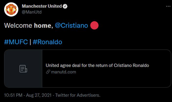 Cuitan Manchester United yang menyambut kedatangan Cristiano Ronaldo.