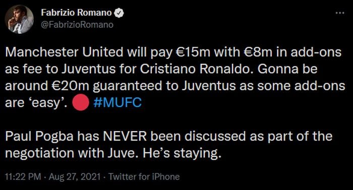 Cuitan Fabrizio Romano mengenai biaya transfer Cristiano Ronaldo.