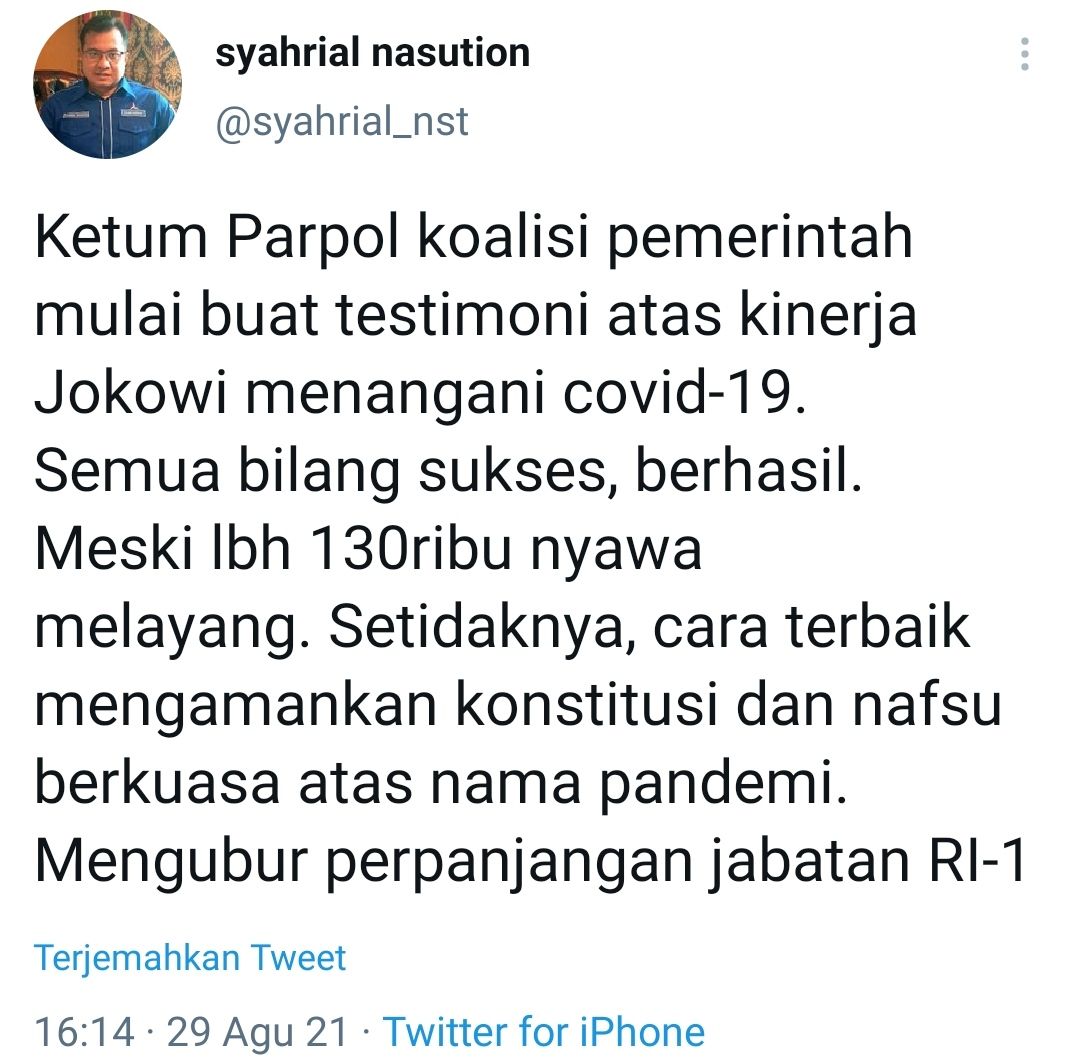 Tangkapan layar cuitan Twitter Syahrial Nasution soal pujian Ketum Parpol Koalisi pada Jokowi./