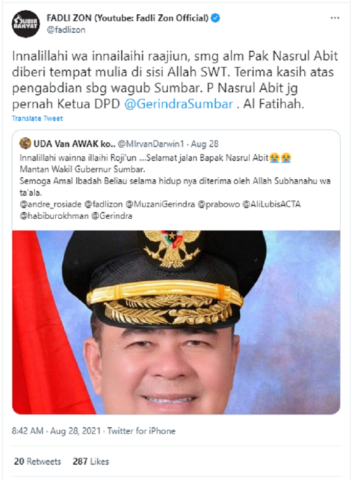 Nasrul Abit, Wakil Gubernur Sumatera Barat meninggal dunia.