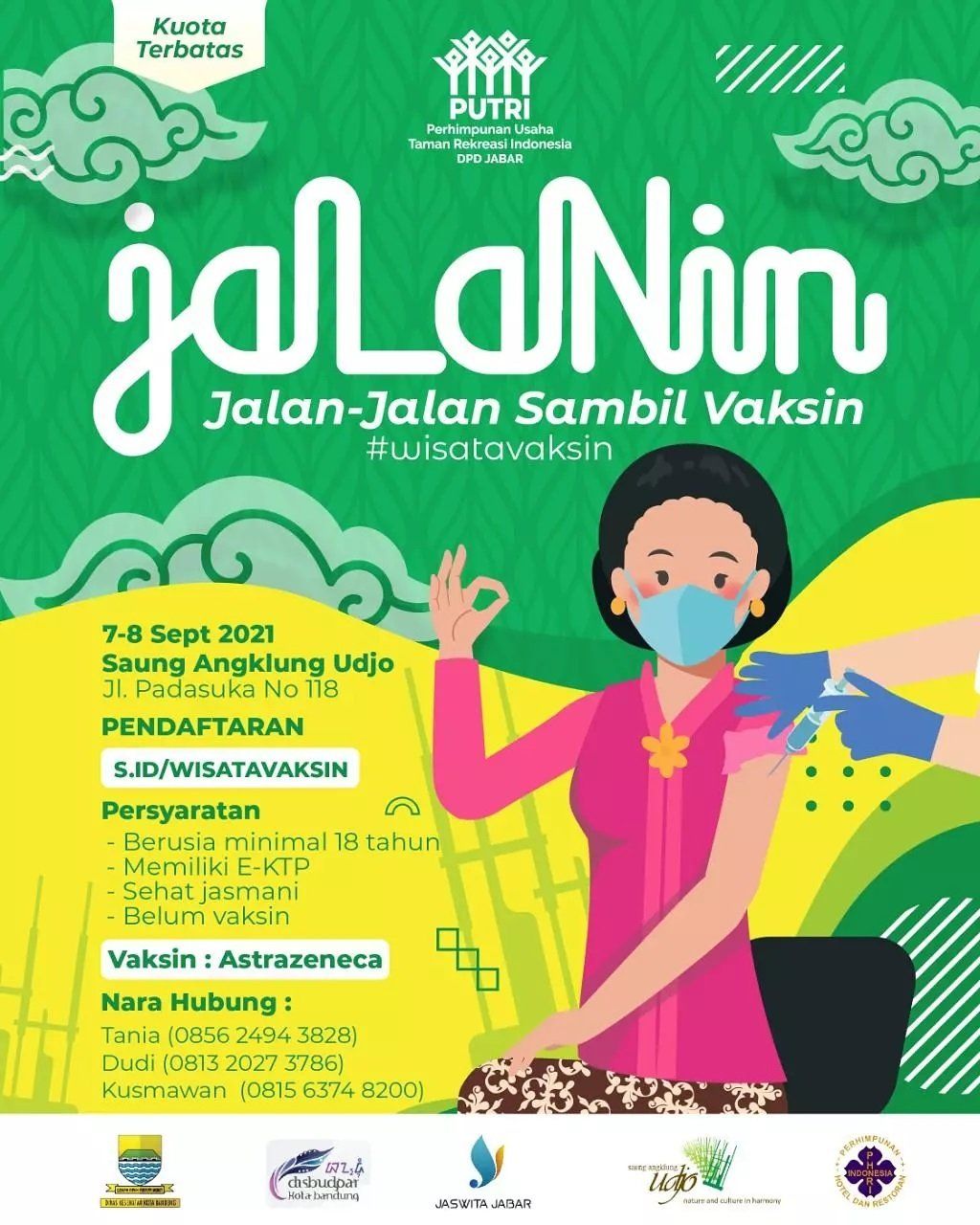Poster Jalanin "Jalan-Jalan Sambil Vaksin". Program ini digelar oleh PUTRI DPD Jabar.