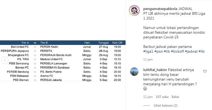 Postingan akun Instagram @pengamatsepakbola terkait jadwal lanjutan BRI Liga 1 pekan pertama