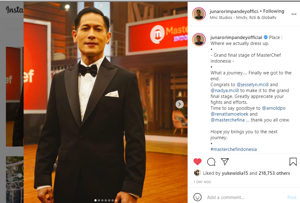 Chef Juna mengunggah ucapan perpisahan selepas berakhirnya Masterchef Indonesia season 8./