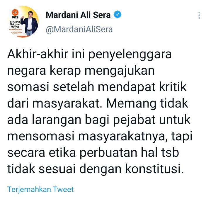Tangkapan layar cuitan Mardani Ali Sera./Twitter @MardaniAliSera