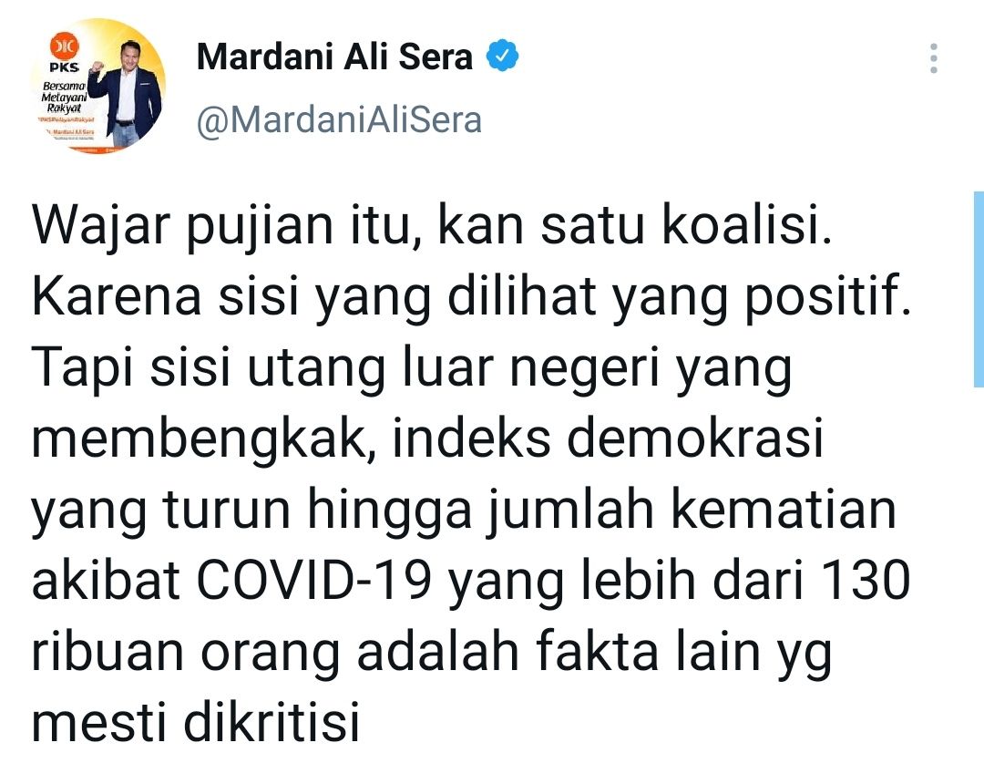 Tangkapan layar cuitan Mardani Ali Sera soal banyaknya pujian yang diterima Jokowi./
