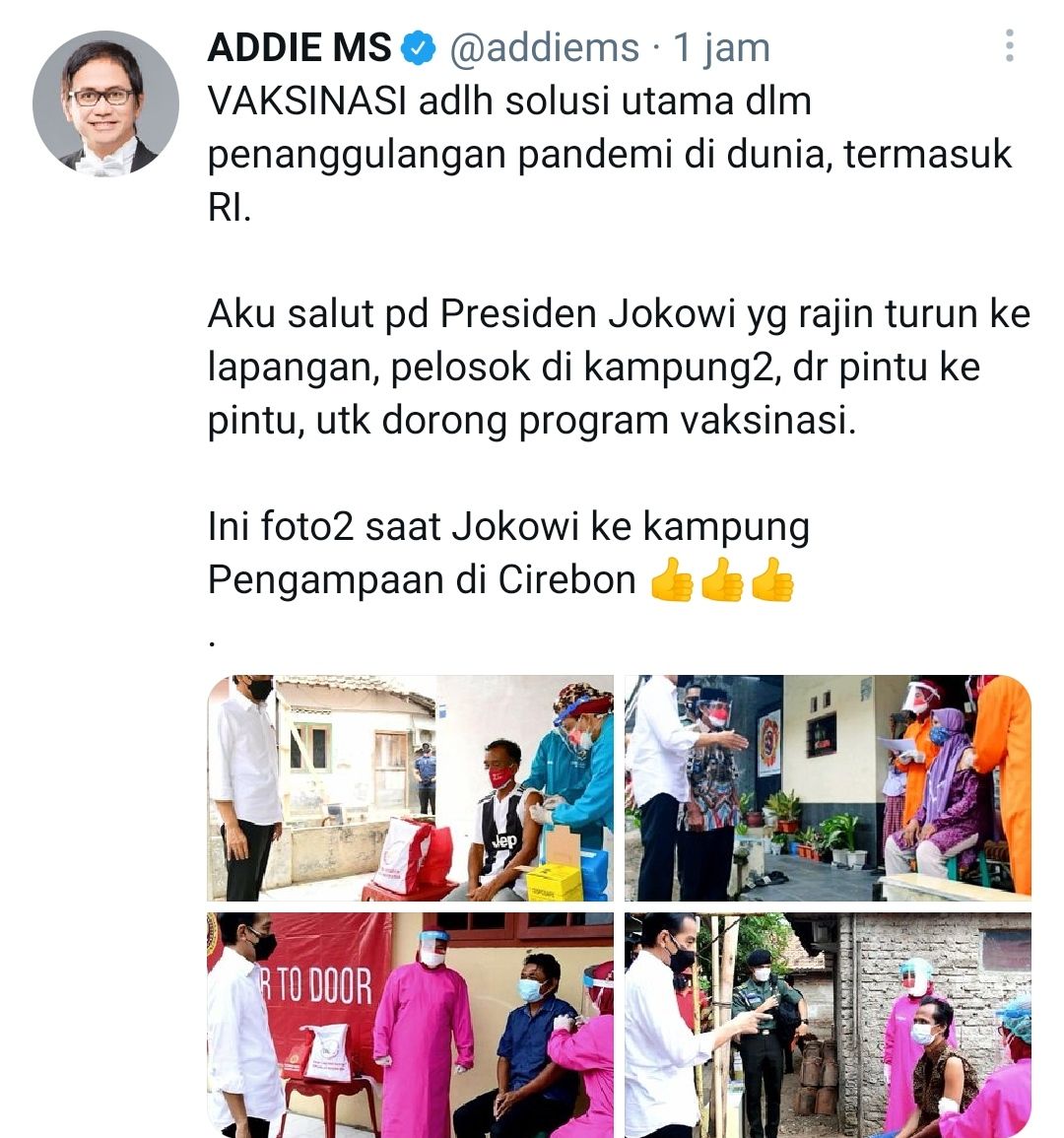 Tangkapan layar cuitan Addie MS yang kagum pada Jokowi./