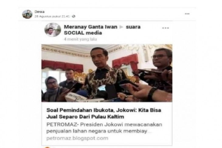 Tangkapan layar artikel yang menyatakan Jokowi akan jual sebagian Kaltim. 