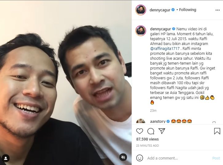 Unggah video saat Raffi Ahmad pertama kali membuat akun Instagram pribadi, Denny Cagur mengenang momen masa lalu. 