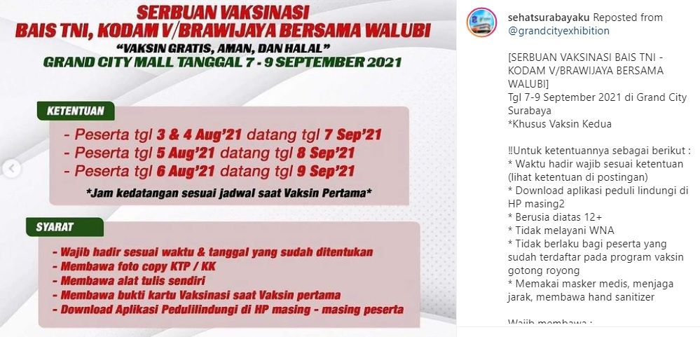 Serbuan Vaksinasi di Grandcity Surabaya 7-9 September 2021, Daftar di loket.com
