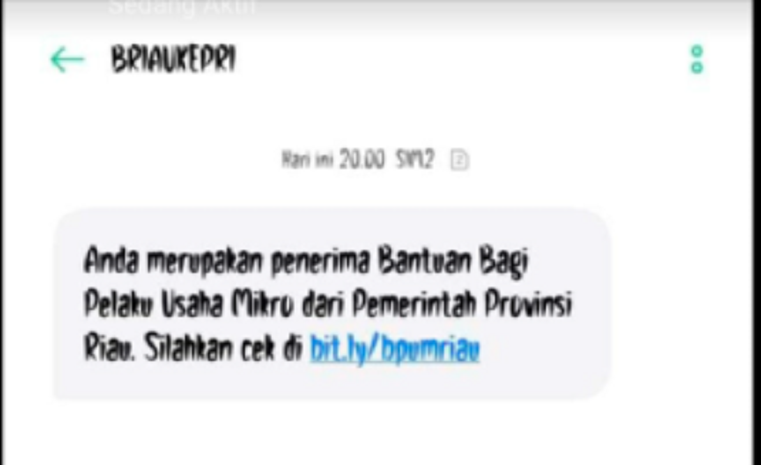 SMS dari Bank Riau Kepri terkait BPUM Riau.