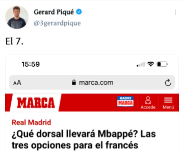 Tangkap layar cuitan Gerard Pique yang mengejek Real Madrid yang gagal mendatangkan Kylian Mbappe.