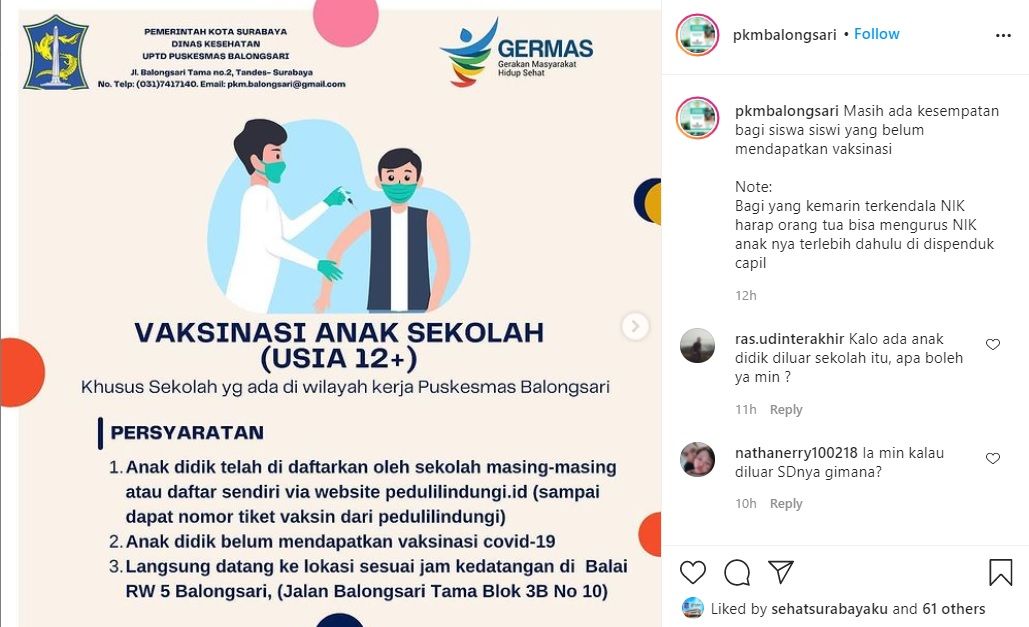 Informasi vaksinasi anak sekolah di Surabaya