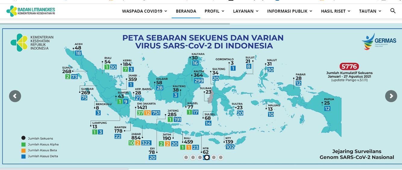 Peta sebaran sekuens dan varian virus SARS-CoV-2 di Indonesia.
