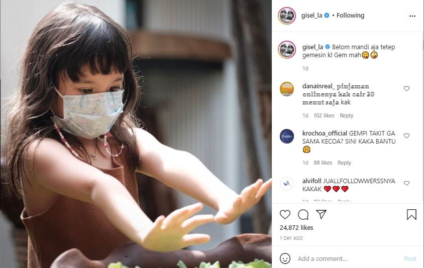 Unggah foto sang anak di Instagram, Gisella Anastasia sebut Gempita Noura Marten tetap menggemaskan meski belum mandi.