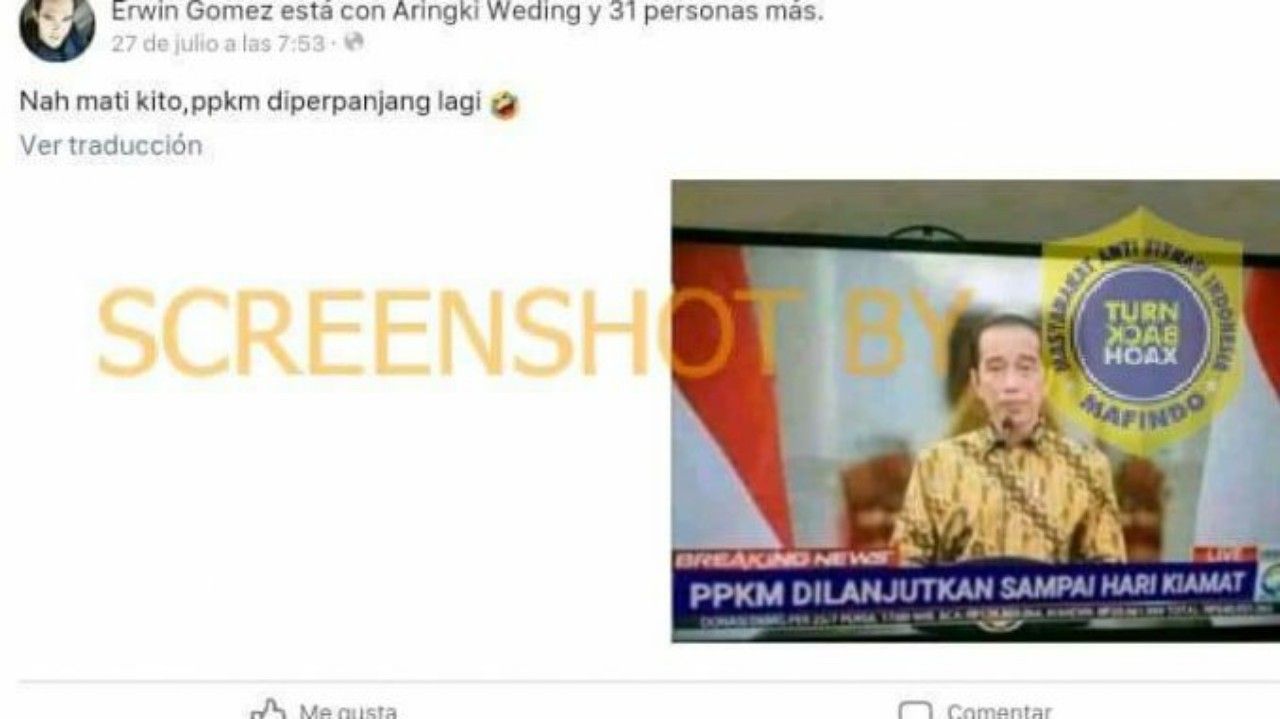 HOAKS - Beredar sebuah tangkapan layar yang menyebut jika Jokowi mengumumkan PPKM diperpanjang hingga hari kiamat.*