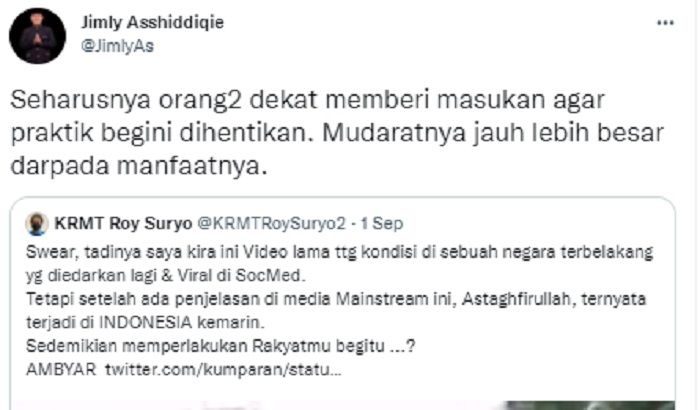 Jimmly Asshiddiqie menanggapi video warga Cirebon yang rela masuk ke dalam got demi mengambil binhkisan dari Jokowi.*