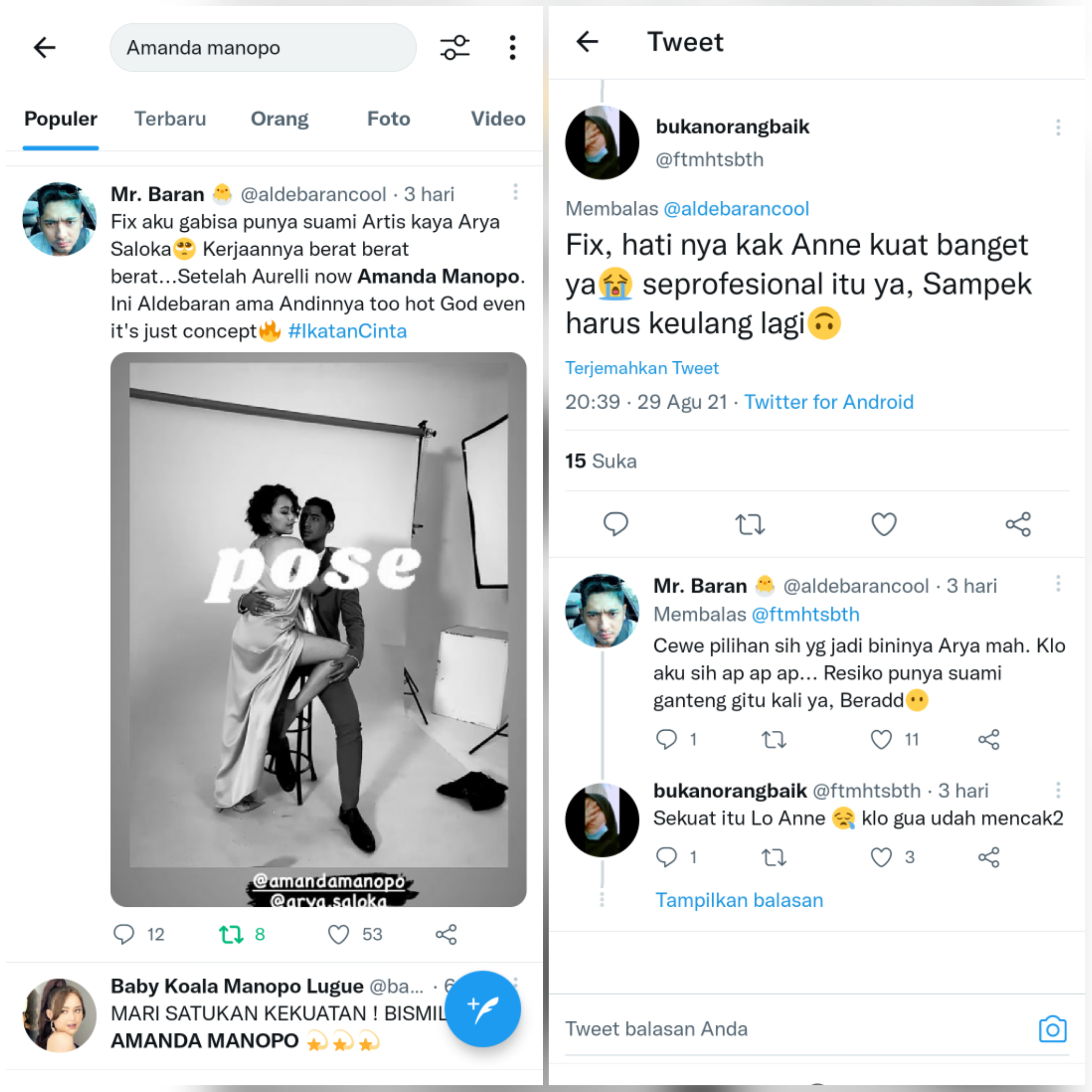 Netizen ramai-ramai memberikan reaksi usai beredar foto mesra Amanda Manopo dan Arya Saloka, hingga singgung perasaan Putri Anne.*
