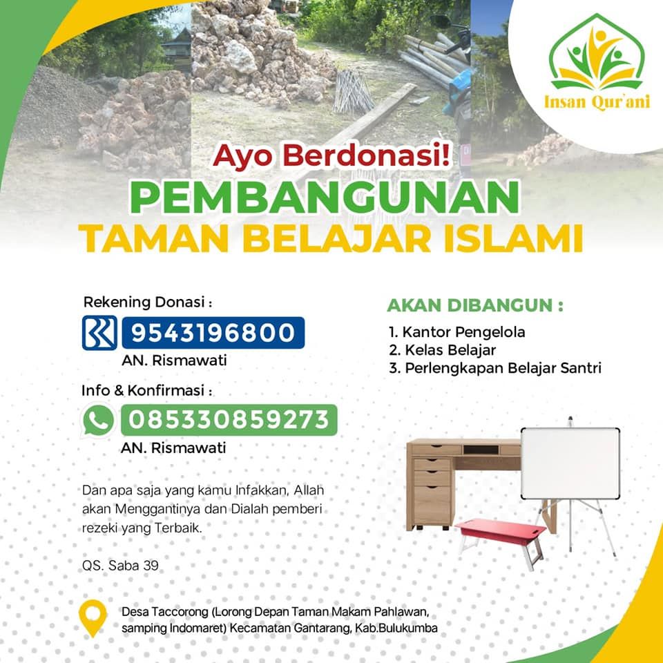 Flyer Pembangunan Taman Belajar Islami Insan Qur'ani Desa Taccorong,Jabupaten Bulukumba/WartaBulukumba.com