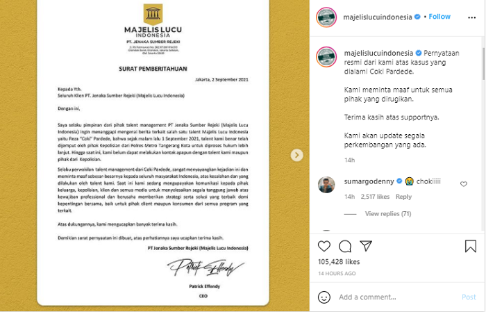 Majelis Lucu Indonesia (MLI) menyampaikan permohona maaf terkait penangkapan Coki Pardede karena narkoba jenis sabu.