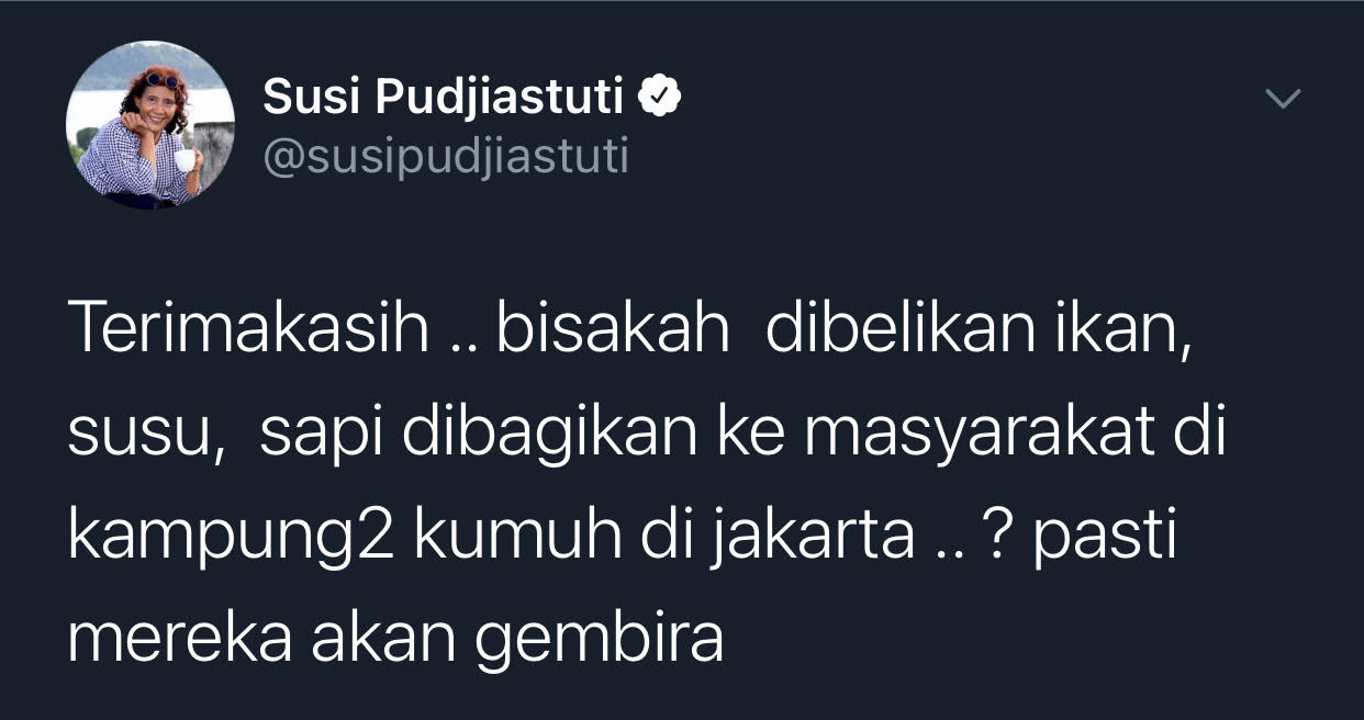 Cuitan eks Menteri KKP, Susi Pudjiastuti.