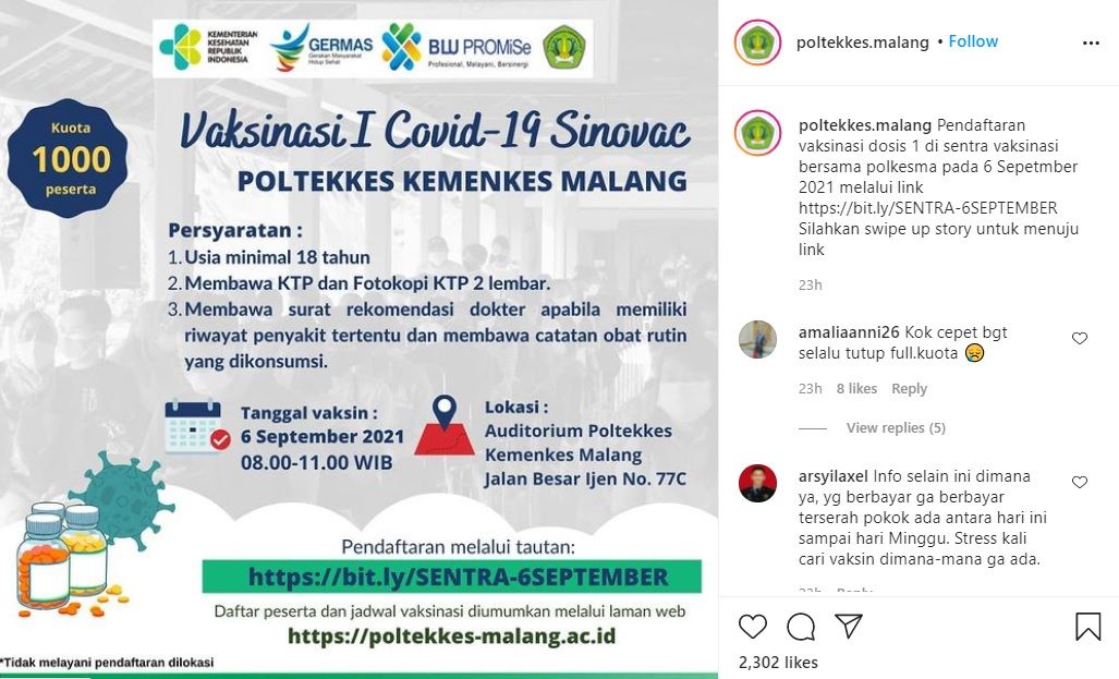 Informasi vaksinasi dosis 1 di Poltekkes Malang